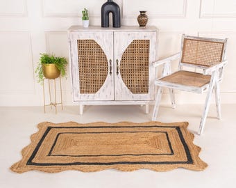 Area Rug Scalloped Hand Braided Natural Jute Rug with Black Border Handmade Jute Rug Jute Custom Size Rug Decorative Rug Boho Decor Rug