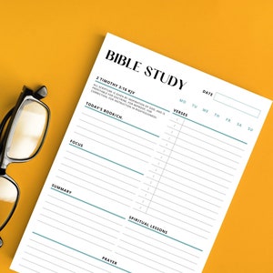 May include: A printable Bible study planner with a white background and teal accents. The planner includes sections for the date, verses, focus, summary, spiritual lessons, and prayer. The text "2 Timothy 3:16 KJV" is at the top of the page.