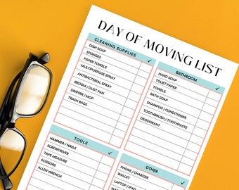 Day Of Moving List | Instant Download | Printable | Planning Checklist | Cleaning Supplies | Bathroom Necessities | On Hand Must-Haves | Etc
