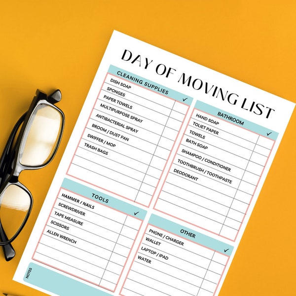 Day Of Moving List | Instant Download | Printable | Planning Checklist | Cleaning Supplies | Bathroom Necessities | On Hand Must-Haves | Etc