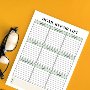 Könnte beinhalten: Eine druckbare Checkliste für Hausreparaturen mit Kategorien für das Hauptschlafzimmer, Gästezimmer, Bodenbeläge, Küche, Licht und Steckdosen, Geräte, Ventilatoren und Klimaanlage/Heizung, Garten und Sonstiges. Die Checkliste hat einen Notizbereich am unteren Rand.
