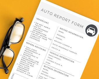 Auto Report Form Printable | Accident Fill Out Sheet | Emergency Information | Insurance Policy | Vehicle Incident | Collision Report |