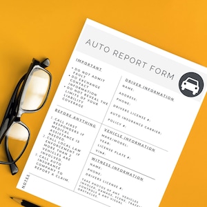 May include: A white auto report form with black text. The form includes sections for driver information, vehicle information, and witness information. The form also includes a small car icon in the top right corner.
