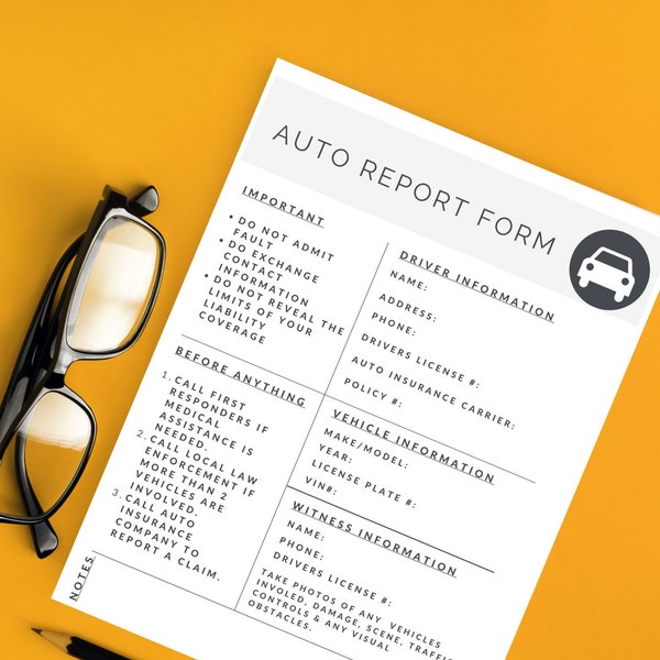 Auto Report Form Printable | Accident Fill Out Sheet | Emergency Information | Insurance Policy | Vehicle Incident | Collision Report |