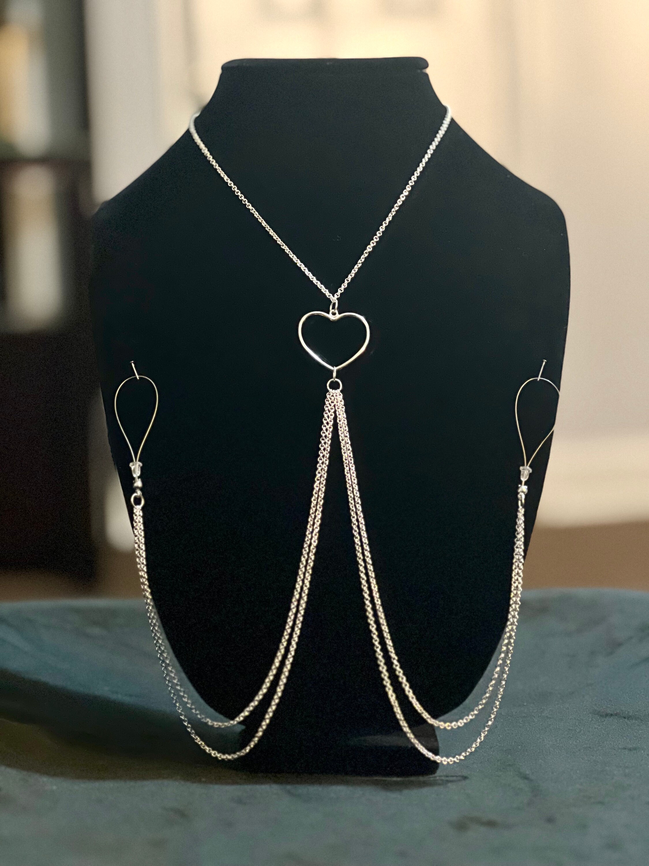 Silver Heart Nipple Necklace Non Piercing Nipple Jewelry, Nipple Chain