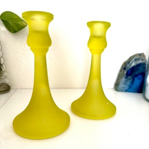 Vaseline Glass Candlestick Holders | Tiffin Glass | Canary Satin