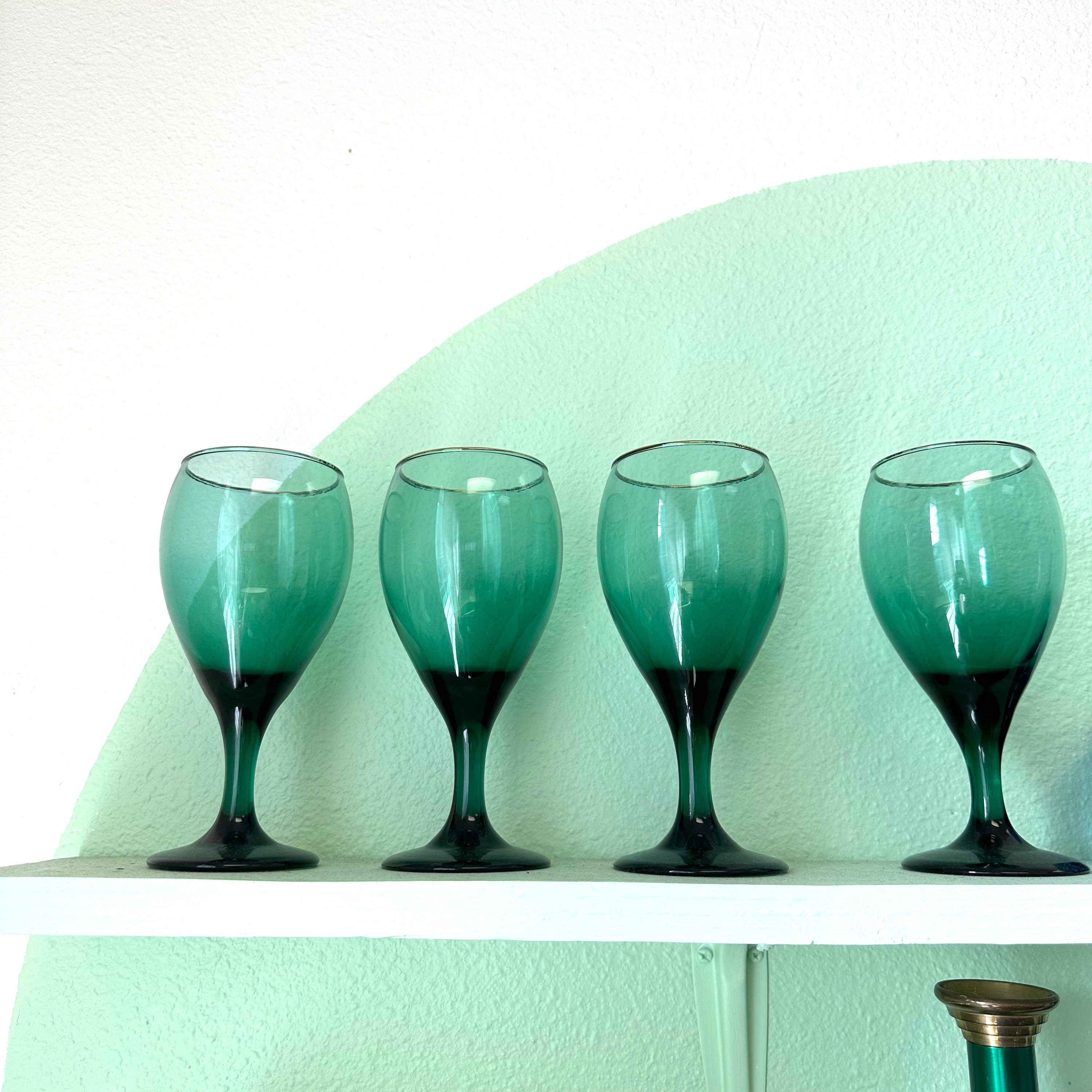 Green Vintage Wine Glasses With Gold Rim  Set of 4 Retro Barware - Etsy