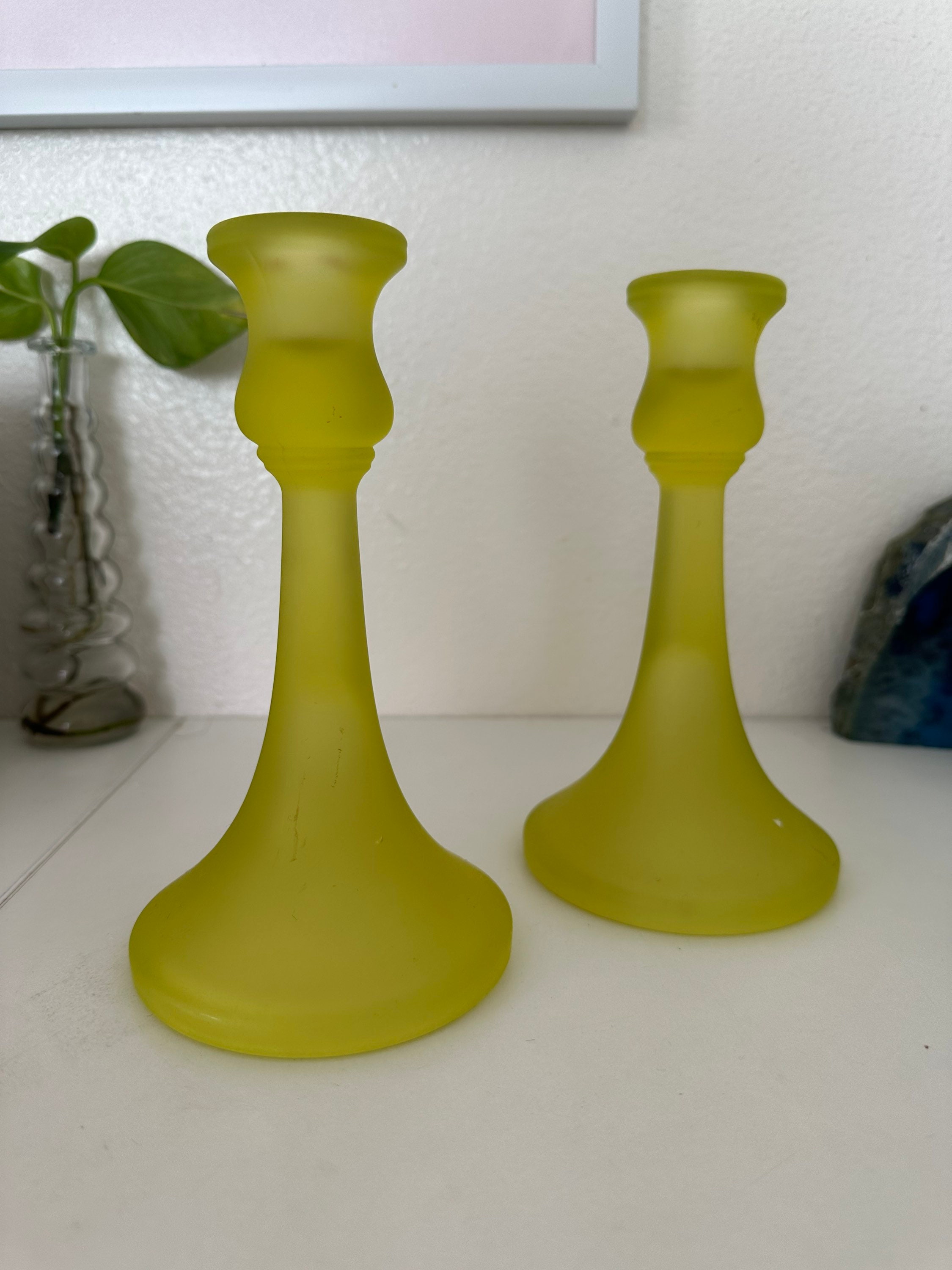 Vaseline Glass Candlestick Holders Tiffin Glass Canary Etsy