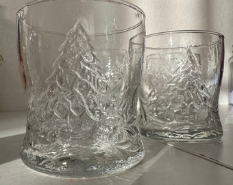 Vintage Christmas Cocktail Glasses | Clear Glasses Embossed Christmas Tree | Sold in pairs