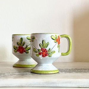 Vintage Ceramic Espresso Mugs, Green Trim and Orange Flowers - Set of 2