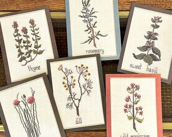 Vintage Cross-Stitch Pattern Greeting Cards, Set of 6, Various Herbs