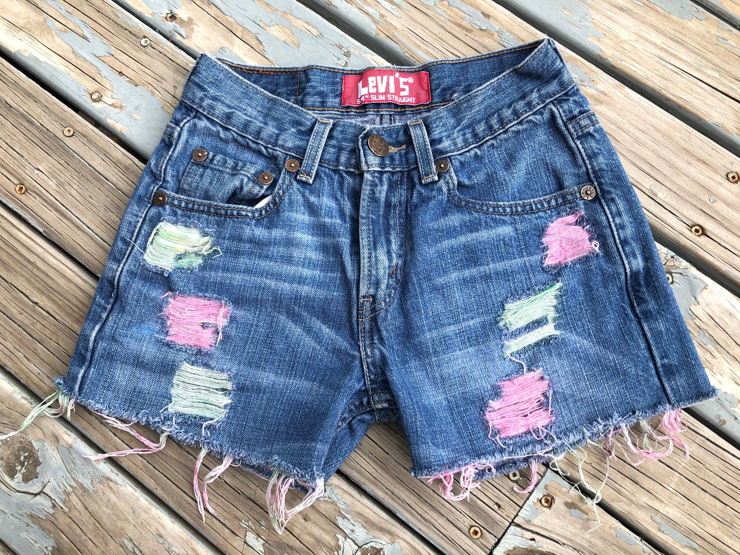 Flamingo Pink/green Hand-painted Denim Levi Shorts - Etsy