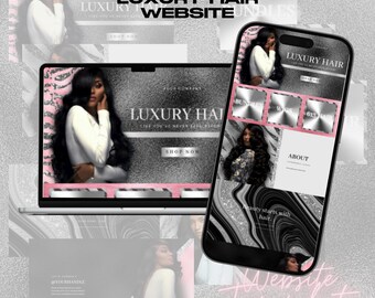 May include: A website template for a luxury hair company. The template features a black and white zebra print background with silver glitter accents. The text "LUXURY HAIR WEBSITE" is displayed in a large, bold font. The website also includes a "SHOP NOW" button.