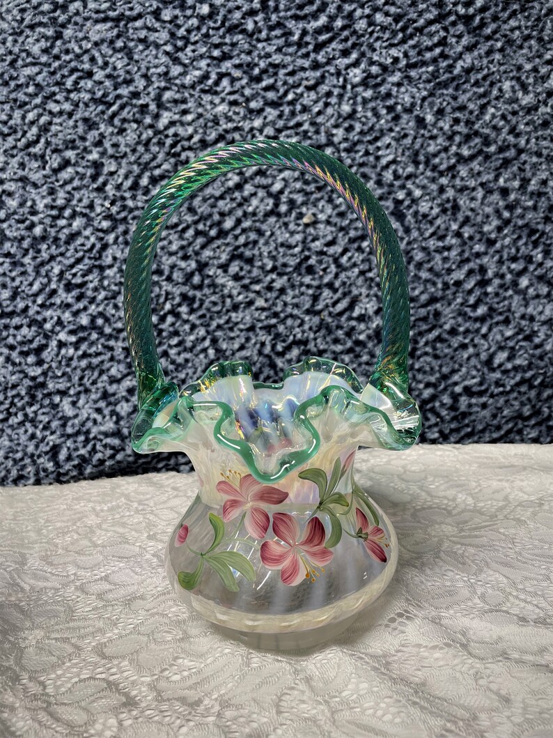 Fenton Glass Hand Painted Basket 90th Commemorative Etsy