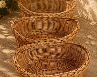 Cesta de cosecha de mimbre tejida a mano / Organizador de mimbre natural (forma ovalada)
