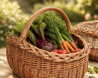 May include: A woven wicker basket with a curved handle, filled with fresh produce including orange carrots with green tops, dark purple beets with leafy stems, and bright red tomatoes, showcasing a natural light brown finish.