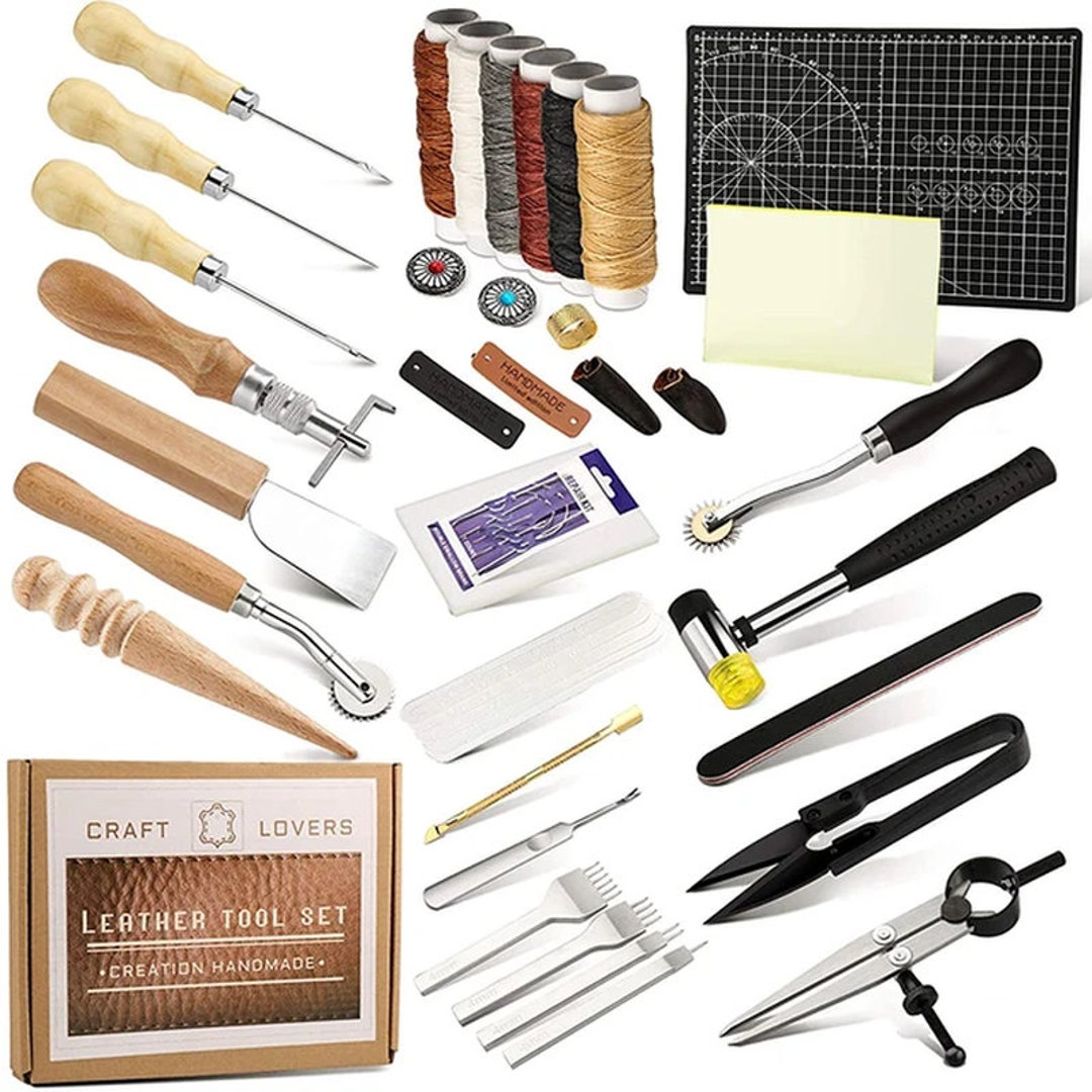 Professional Leather Craft Tools Kit Hand Sewing Stitching Punch Carving Work Saddle Groover Set