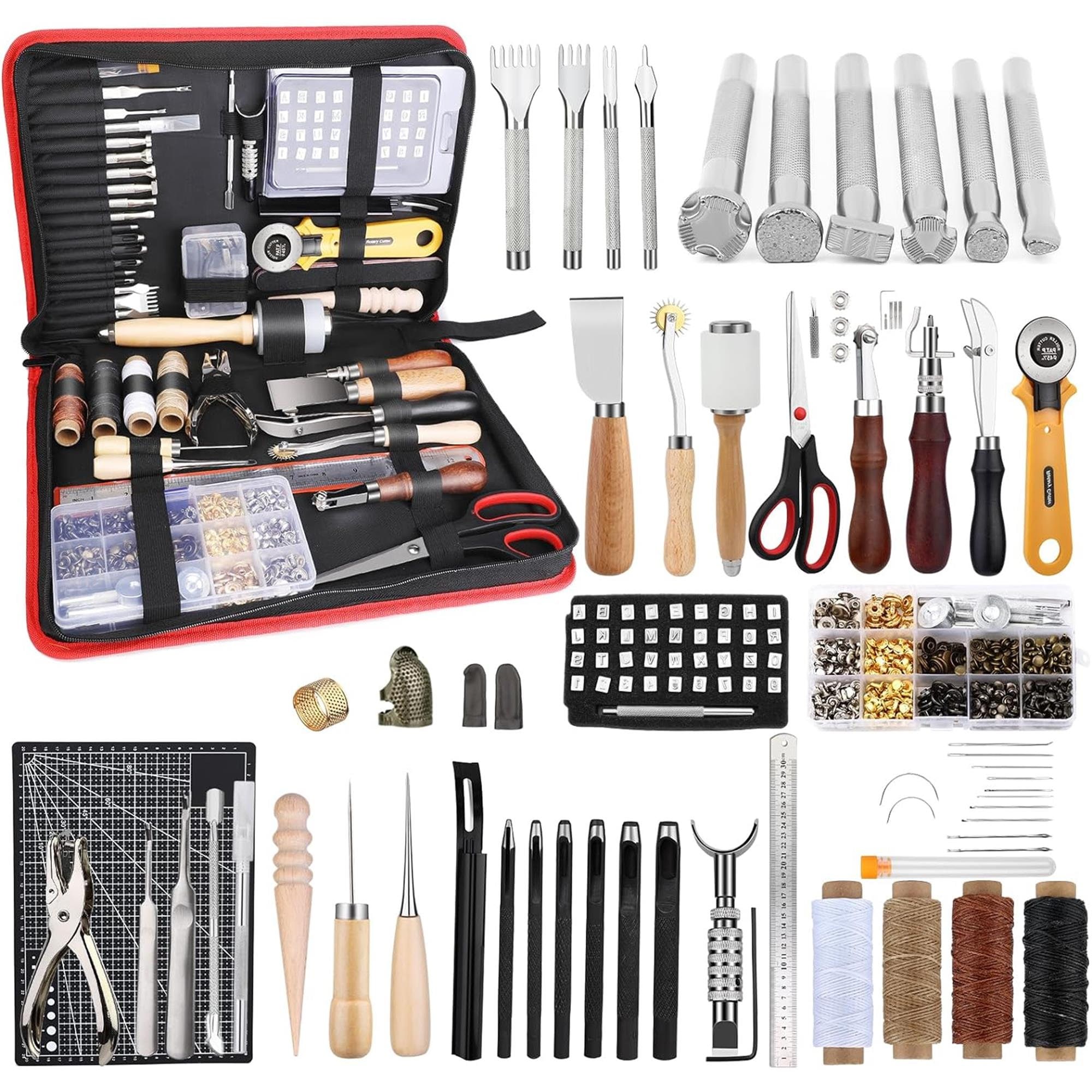 Leather Working Tools Kits Leather Craft Sewing DIY Hand Stitching With  Groover Awl Edge Creaser Mat Tools 