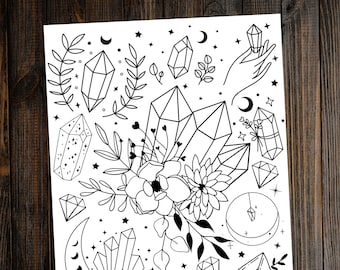 Crystals Magic Printable Coloring Page, Witchy Coloring Page, Printable Coloring Page, Magical Coloring Page, All Ages Coloring Page
