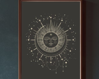 Sun Moon Stars Art Poster Printable Print, Celestial Wall Decor, Bedroom Decor, Witchy Wall Art, Astrology Poster, Dark Wall Art Living Room