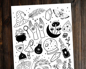 Magic Witchy Printable Coloring Page, Witchy Coloring Page, Printable Coloring Page, Magical Coloring Page, All Ages Coloring Page