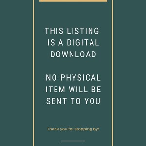 May include: A green background with a gold border around a white text box. The text reads "INTUITIVA SHOP", "THIS LISTING IS A DIGITAL DOWNLOAD", "NO PHYSICAL ITEM WILL BE SENT TO YOU", and "Thank you for stopping by!"