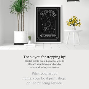 May include: Black and white printable art print featuring a stylised illustration of the Scorpio zodiac sign with the text "SCORPIO" and "LOYAL INTUITIVE STRONG PASSIONATE CREATIVE".