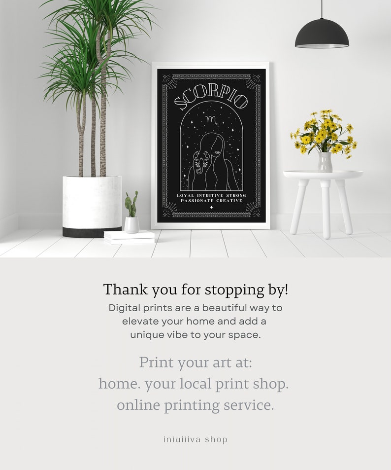 May include: Black and white printable art print featuring a stylised illustration of the Scorpio zodiac sign with the text "SCORPIO" and "LOYAL INTUITIVE STRONG PASSIONATE CREATIVE".