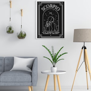 May include: Black and white printable art print with a line drawing of a Scorpio zodiac sign. The text "Scorpio" is at the top of the print. The text "Loyal, Intuitive, Strong, Passionate, Creative" is at the bottom of the print.