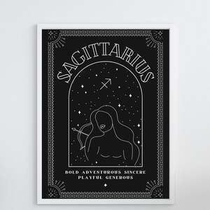May include: Black and white illustration of a Sagittarius zodiac sign with a woman holding a bow and arrow. The text "Sagittarius" is written in a decorative font and the words "Bold, Adventurous, Sincere, Playful, Generous" are written below the illustration.