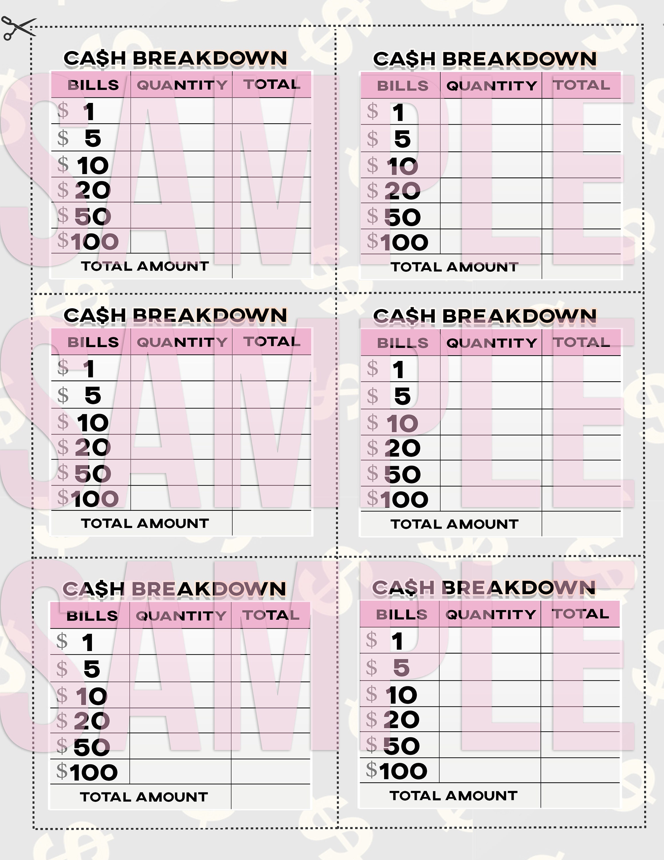 Boss Haven Printable Cash Breakdown Sheets // Cash Breakdown - Etsy