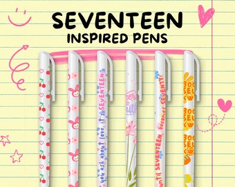 SEVENTEEN inspired pens, SVT fan made ballpens, Kpop stationery pen wraps, cute gel pen, DIY decals, and stickers.