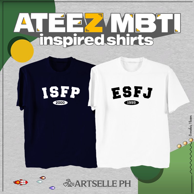 May include: Two t-shirts with different MBTI personality types printed on them. The left shirt is navy blue with white text that says "ISFP 2000". The right shirt is white with black text that says "ESFJ 1999".