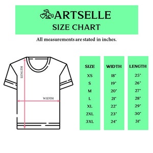 May include: Size chart for t-shirts with measurements in inches. The chart shows the size, width, and length of t-shirts in sizes XS to 3XL.