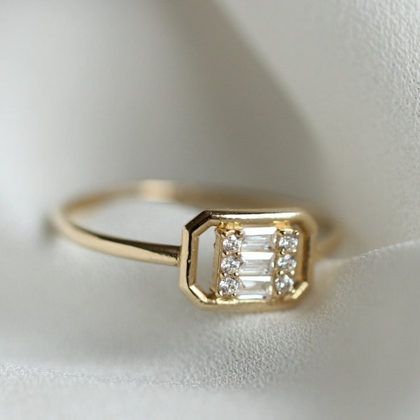 14K Baguette Ring, Cz Stone Ring, Rectangle Ring, Solid Gold Ring, Minimalist Ring, Dainty Gold Ring, Delicate Ring, Wedding Ring Gift