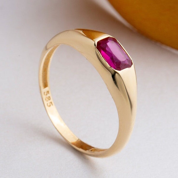 14K Solid Gold Ruby Dainty Baguette Stacking Ring, Gold Minimalist Ring, Simple Ruby Ring, Handmade jeweler, Delicate Ring Gift for Her