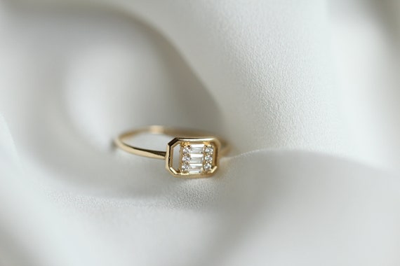 14K Baguette Ring, Cz Stone Ring, Rectangle Ring, Solid Gold Ring, Minimalist Ring, Dainty Gold Ring, Delicate Ring, Wedding Ring Gift