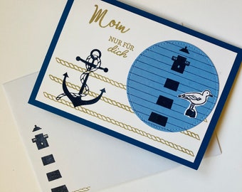 Maritime Grußkarte mit Anker, Leuchtturm, Möwe und Seilen Meer Handgefertigt Handmade Blau Weiß