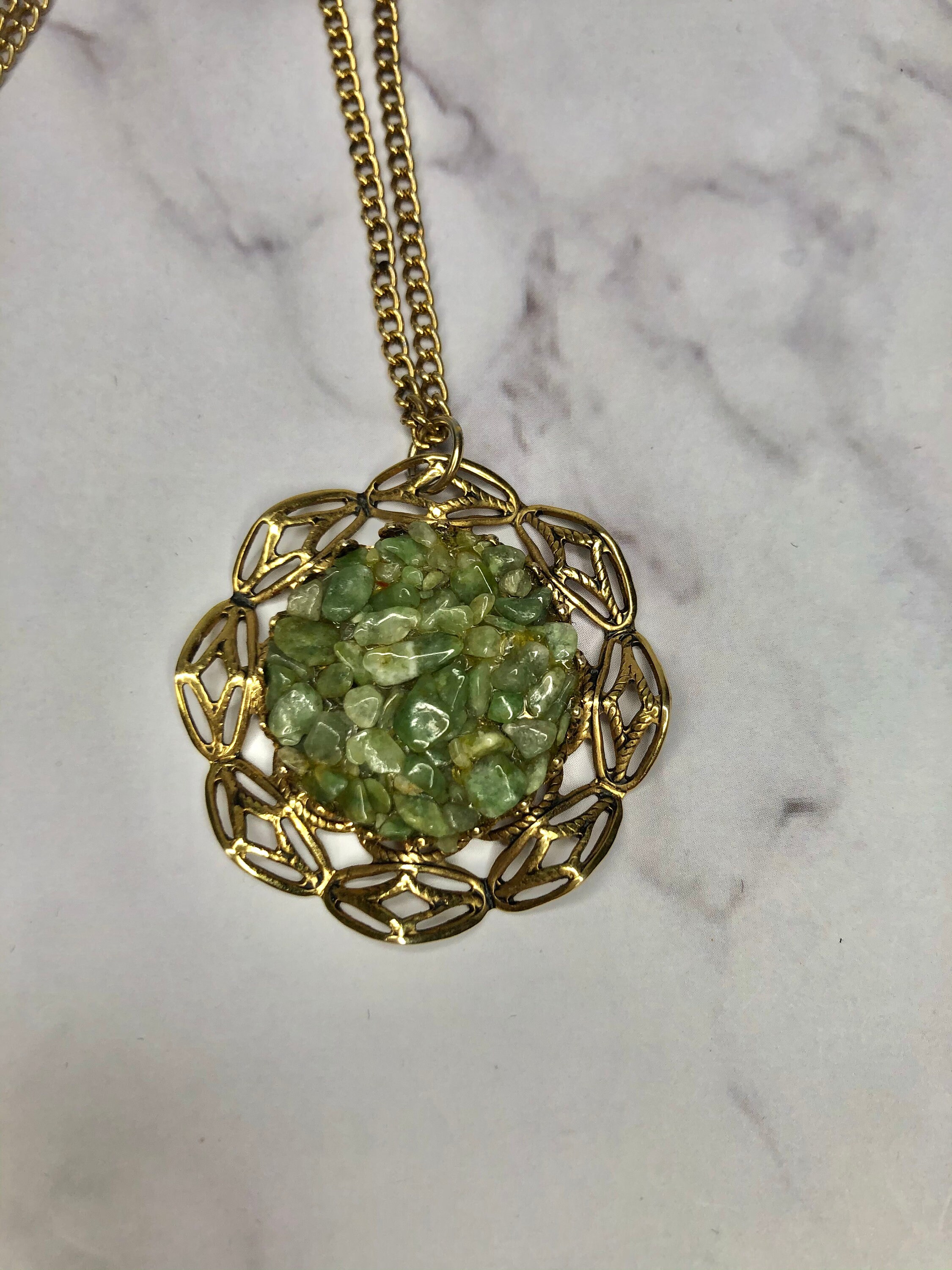 Vintage Jade Chip Pendant in Ornate Gold Frame Etsy UK