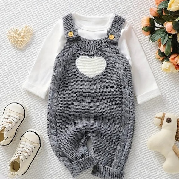 Unisex Grey/ Green/Pink/ Brown Baby Jumpsuit/ Boys & Girls/  Baby Dungaree Romper with White Heart/Knitted Bodysuit