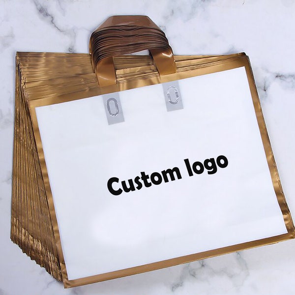 100pcs Custom Plastic Bag High End Matt gold edges, Printed Custom LOGO Wholesale Business Clothes Tote Bag, Garment Packaging