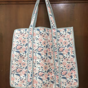 Handmade Quilted Cotton Tote Bag: Floral Print Travel Shoulder Bag