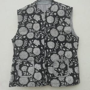 Handcrafted Cotton Quilted  Jacket: Boho Floral print in black colour