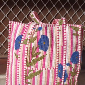 Handmade Reversible Cotton Tote Bag: Block Print Quilted Kantha Bag