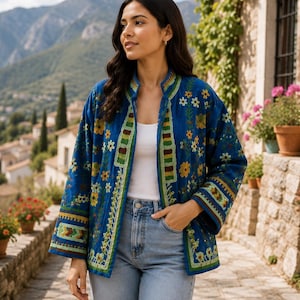 Blue Velvet Suzani Embroidered Short Jacket: Indian Kantha Quilt Coat Gift For Her