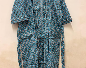 Blue Floral Cotton Kimono Robe | Spa Bathrobe with Stripe Belt