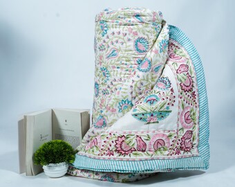 Hand Block Print Cotton Quilt: Reversible Floral Blanket