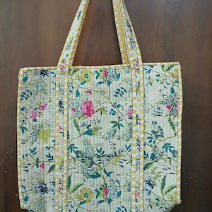 Handcrafted Quilted Cotton Tote Bag: Indian Block Print Shoulder Bag