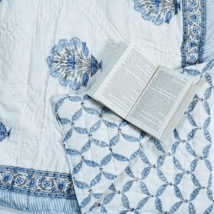 Handmade Reversible Cotton Quilt with Ethnic Palm Block Print, Soft Jaipuri Comforter for All Season Bedding Gift