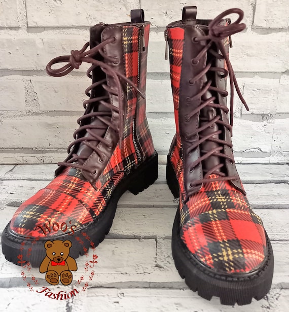 Tartan Boots Custom Shoes Check Boots Custom Boots Women s Boots Unique Boots Ankle Boot Red Tartan Boots Brown Custom Boots Etsy